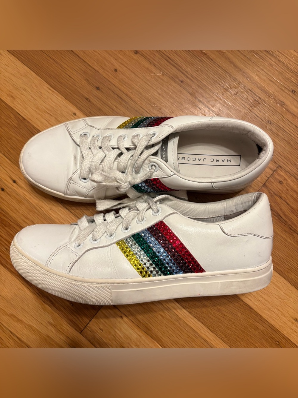 Marc Jacobs White Leather Sneakers with Multicolor Crystal Stripes Rainbow